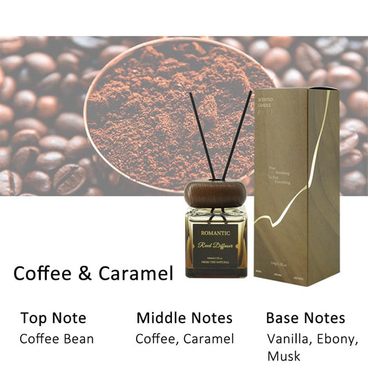 NOVO Reed Diffuser Set, Coffee Flavor Aromatherapy Scented Oil Diffuser with 6 Sticks for Home Office Decor 100m -Coffee & Caramel