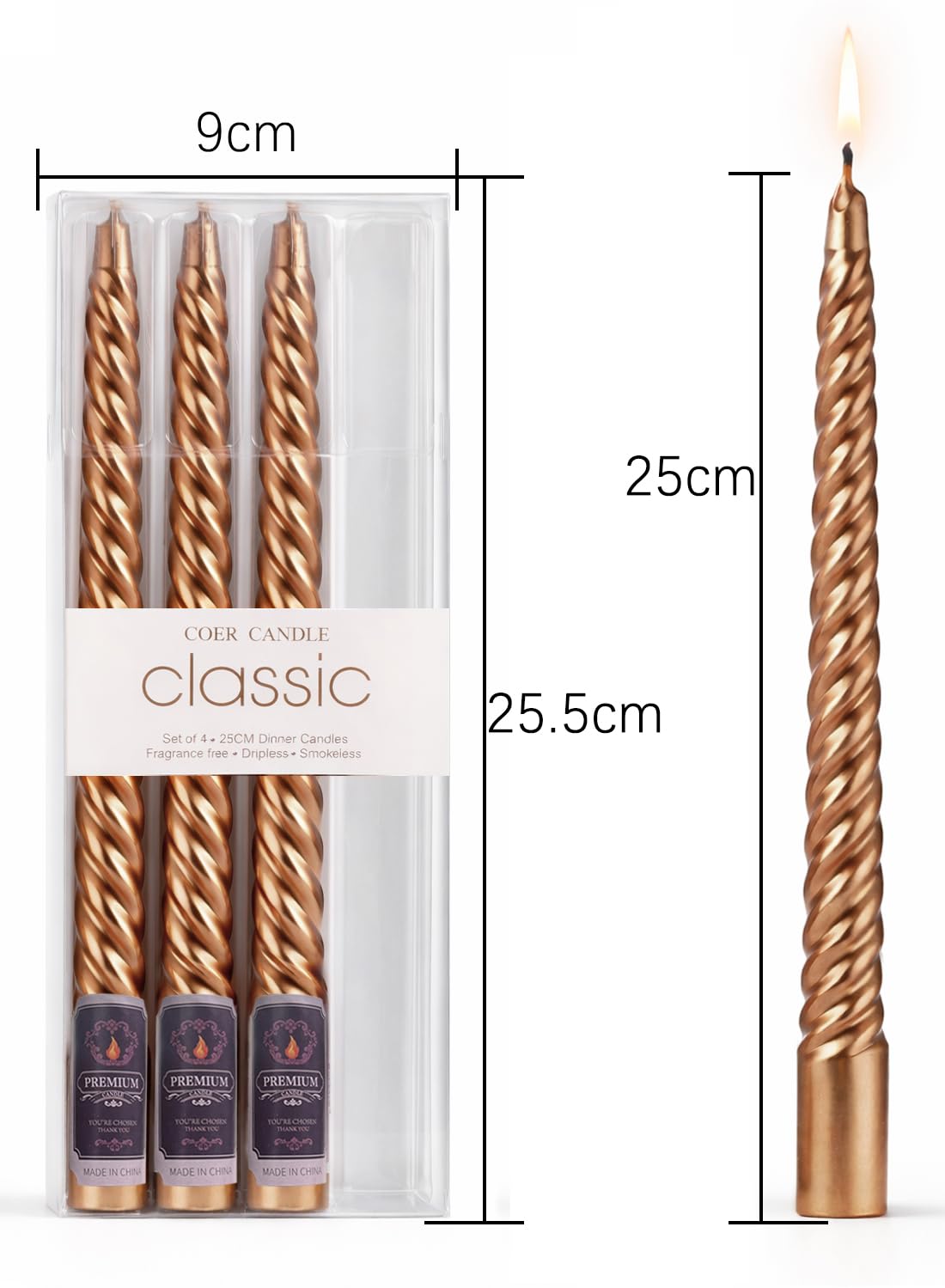 4Pcs Spiral Taper Candle, 25cm Non-Toxic Thread Style Candles, Dripless Scented for Party, Home Decoration (Gold)