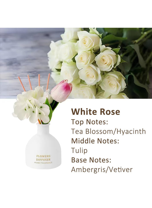 NOVO Artificial Flowers Scented Oil Diffuser Set with High imitation flower &4 Reed Sticks for Bathroom & Bedroom Home Decor&Office D¨¦cor, 150ml -White Rose