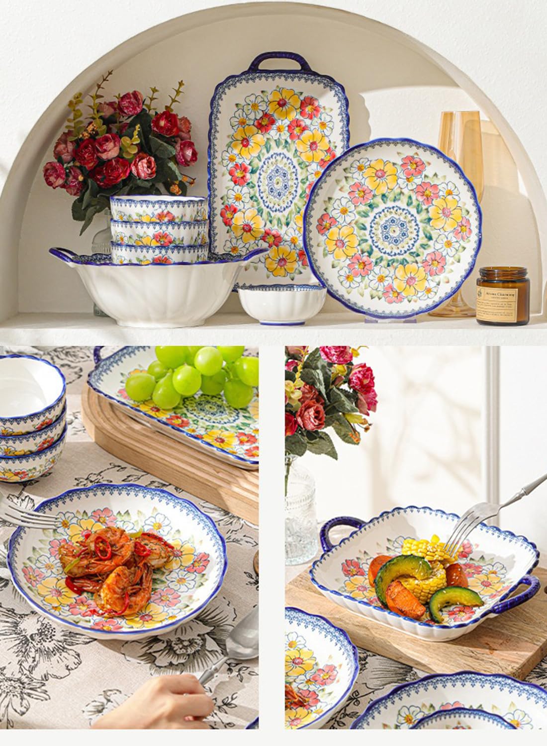14Pcs Dinnerware Set, Gift Kit, Plates and Bowls Sets, Oven, Dishwasher and Microwave Safe, Polish Flowers