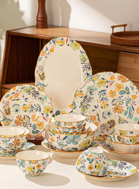 18Pcs Dinnerware Set, Gift Kit, Plates and Bowls Sets, Oven, Dishwasher and Microwave Safe, Colorful Floral