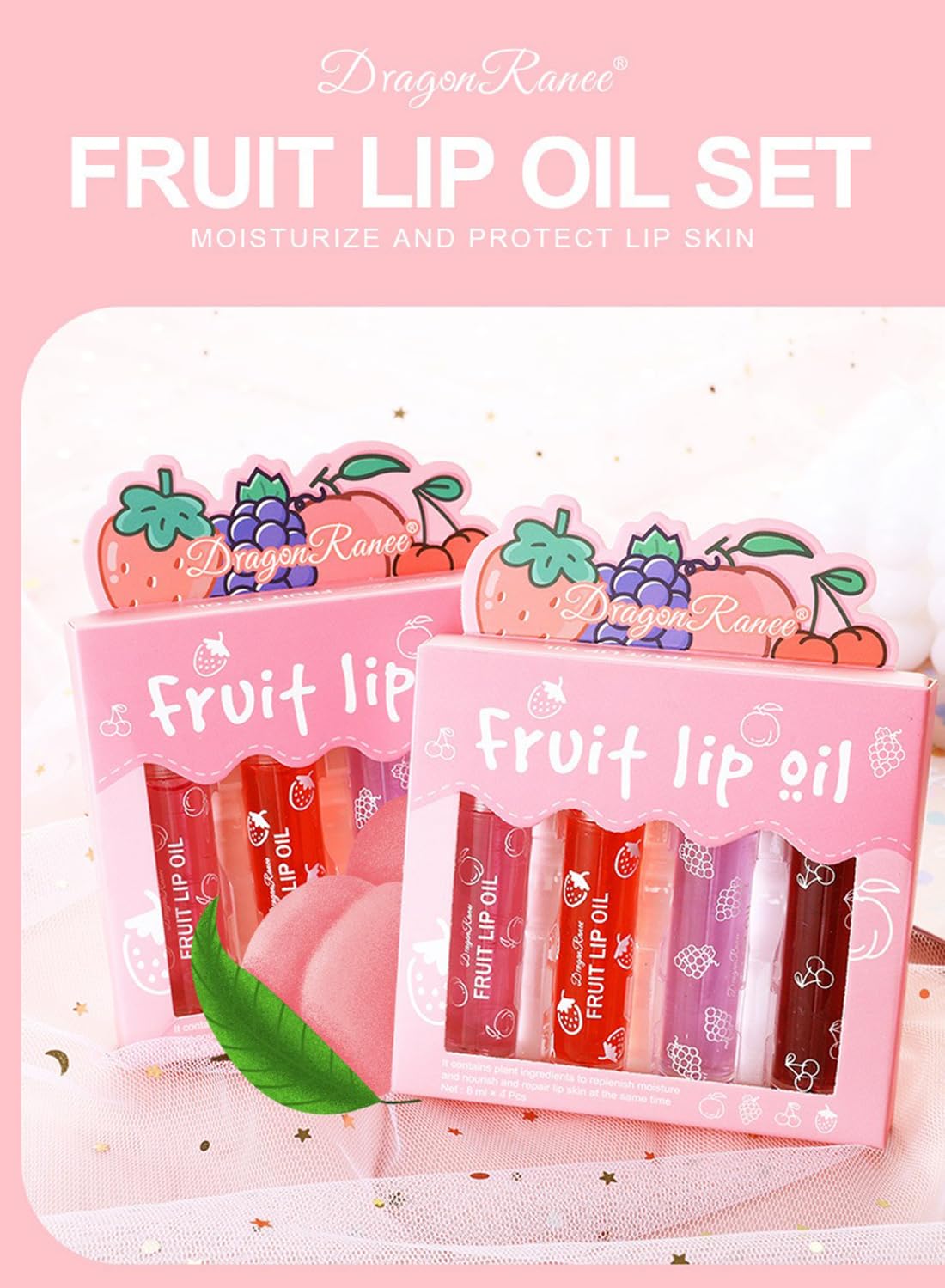 NOVO Glossy Lip Oil Set, 4Pcs Fruit Roll-on Lip Glaze Set, Moisturizing Clear Gloss for Lip Care