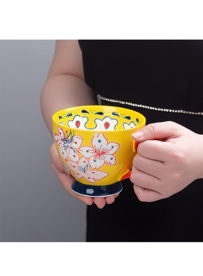 NOVO Hand-Painted Coloful Ceramic Mug Cup,Boho Style, Microwave Dishwasher Oven Safe, for Coffee, Breakfast & Ice Cream 550ml-Dark Blue