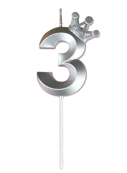 Birthday Number Candles for Cake Decoration, Glittery Cake Toppers with Cute Designs, Perfect for Kids' Parties, Anniversaries, and Celebrations-silver(No.3)