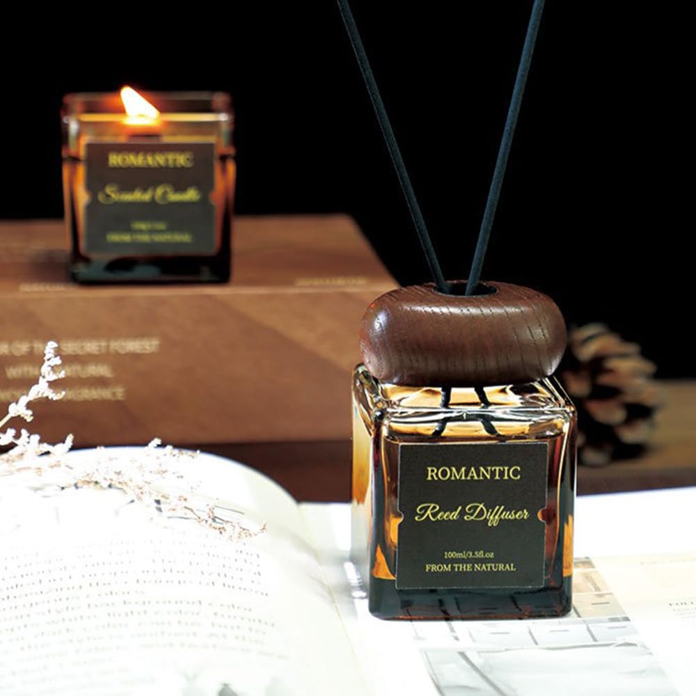 NOVO Scented Reed Diffuser Set ¨C Includes Aromatherapy Oil Diffuser and Coffee Aroma Candle for Home, Office & Cozy D¨¦cor -Chocolate & Pine