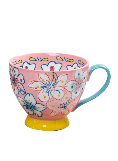 NOVO Hand-Painted Coloful Ceramic Mug Cup,Boho Style, Microwave Dishwasher Oven Safe, for Coffee, Breakfast & Ice Cream 550ml-Dark Blue
