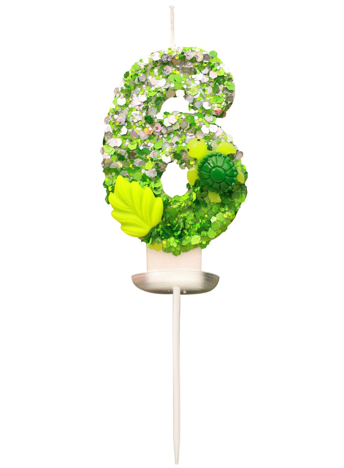 7cm Birthday Number Candles for Cake Decoration, Glittery Cake Toppers with Cute Designs, Perfect for Kids' Parties, Anniversaries, and Celebrations-Green Turtle(No.0)