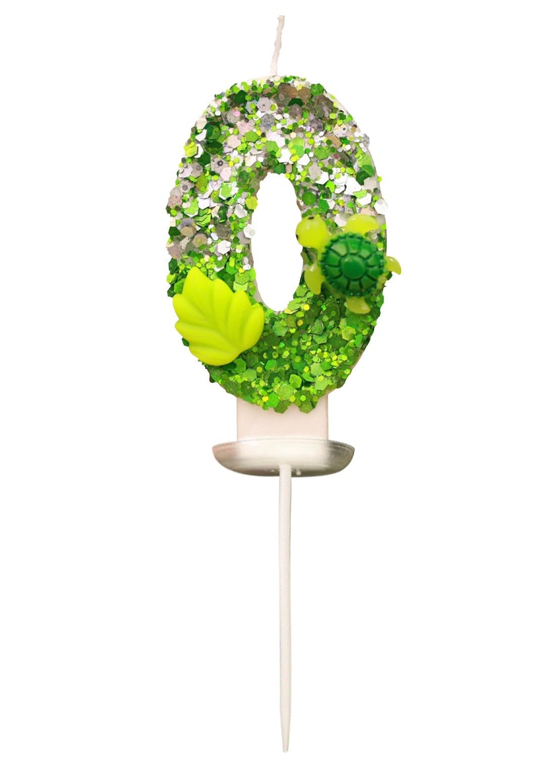 7cm Birthday Number Candles for Cake Decoration, Glittery Cake Toppers with Cute Designs, Perfect for Kids' Parties, Anniversaries, and Celebrations-Green Turtle(No.0)