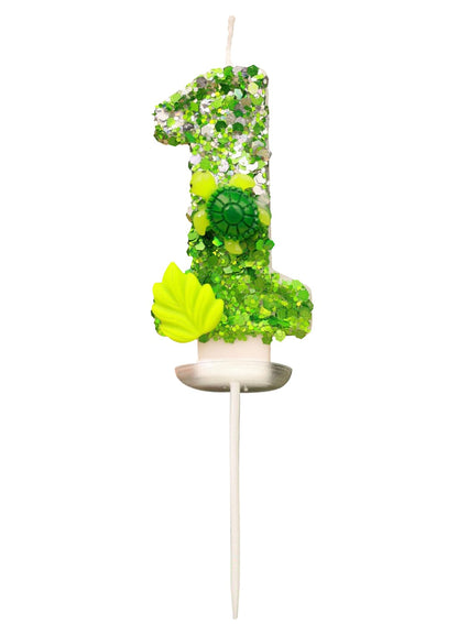 7cm Birthday Number Candles for Cake Decoration, Glittery Cake Toppers with Cute Designs, Perfect for Kids' Parties, Anniversaries, and Celebrations-Green Turtle(No.0)