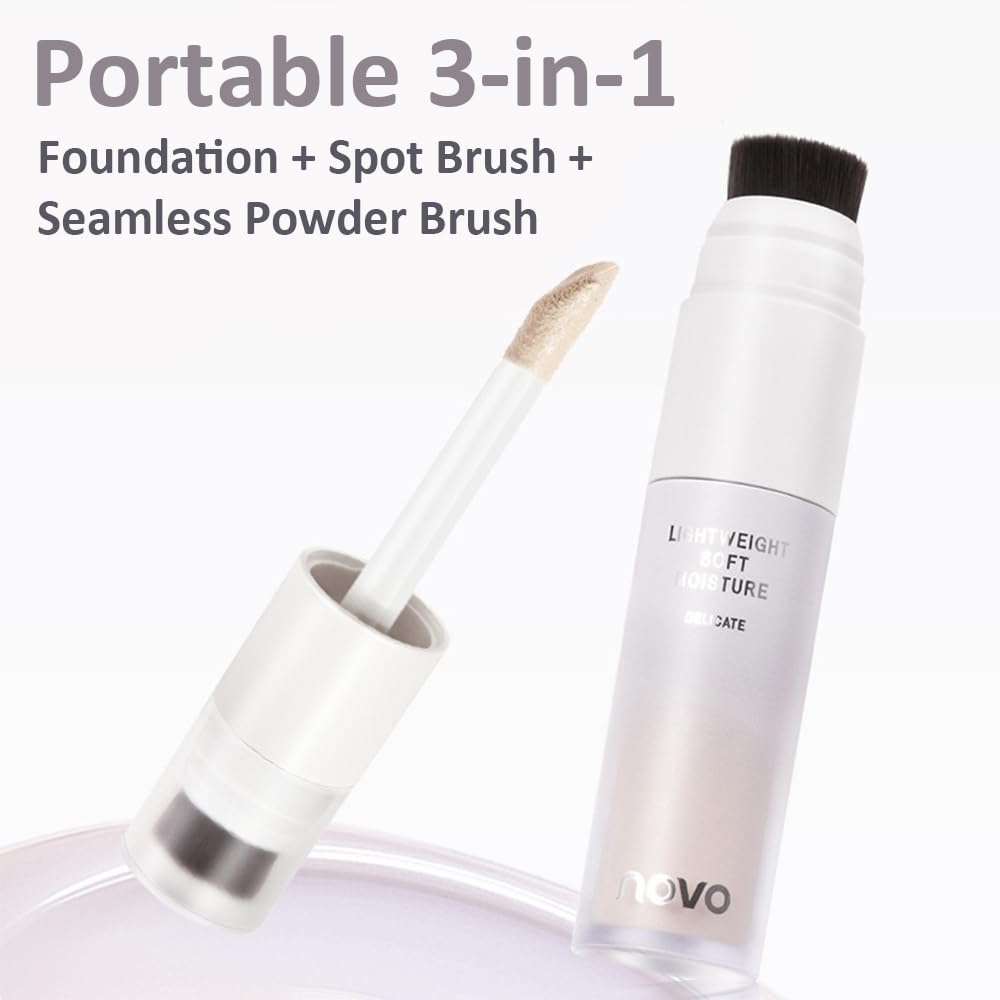 NOVO Brightening Liquid Foundation with Double-ended Brush for Women, 8g