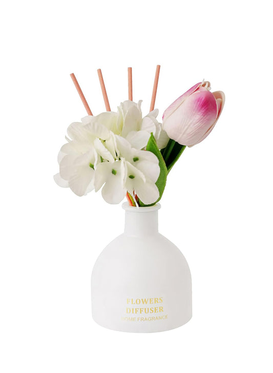 NOVO Artificial Flowers Scented Oil Diffuser Set with High imitation flower &4 Reed Sticks for Bathroom & Bedroom Home Decor&Office D¨¦cor, 150ml -White Rose