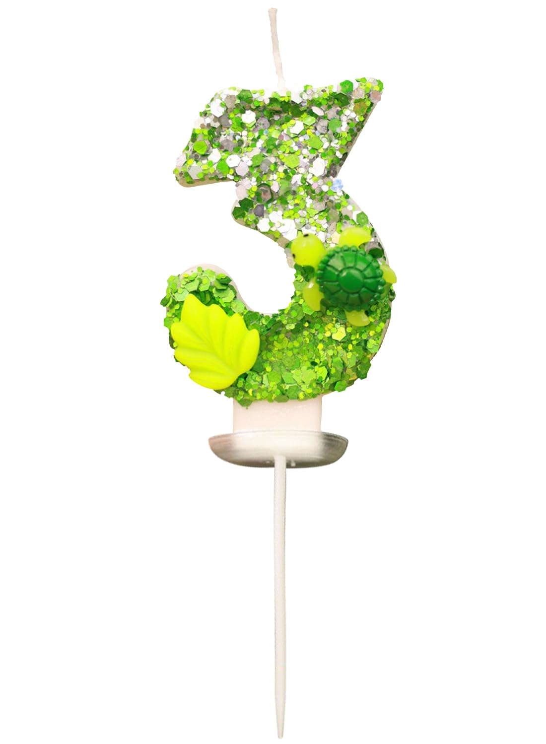 7cm Birthday Number Candles for Cake Decoration, Glittery Cake Toppers with Cute Designs, Perfect for Kids' Parties, Anniversaries, and Celebrations-Green Turtle(No.0)