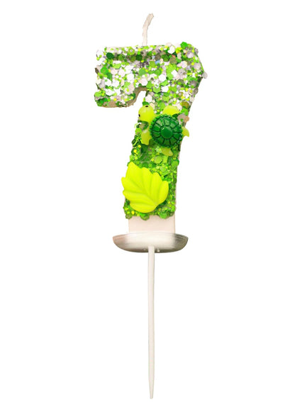 7cm Birthday Number Candles for Cake Decoration, Glittery Cake Toppers with Cute Designs, Perfect for Kids' Parties, Anniversaries, and Celebrations-Green Turtle(No.0)