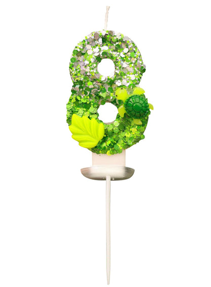 7cm Birthday Number Candles for Cake Decoration, Glittery Cake Toppers with Cute Designs, Perfect for Kids' Parties, Anniversaries, and Celebrations-Green Turtle(No.0)