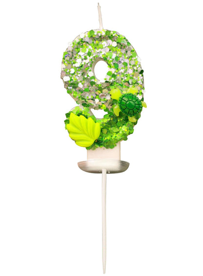 7cm Birthday Number Candles for Cake Decoration, Glittery Cake Toppers with Cute Designs, Perfect for Kids' Parties, Anniversaries, and Celebrations-Green Turtle(No.0)