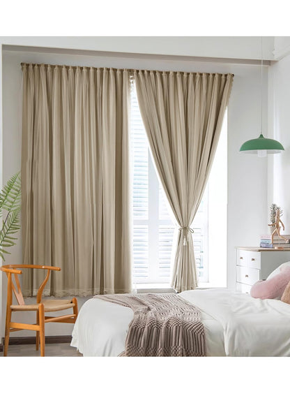 NOVO Velcro Curtains, Pongee No Drill Curtain, 100% Blackout, 1 Panel, W150 x H200CM, Fits Windows 75-100CM Wide, Beige