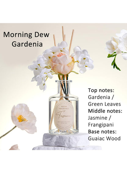 NOVO Scented Reed Diffuser, Artificial Flower Home Fragrance Oil with 4 Sticks for Bedroom,Home D¨¦cor,Office & Bathroom 200ml-Moring Dew Gardenia