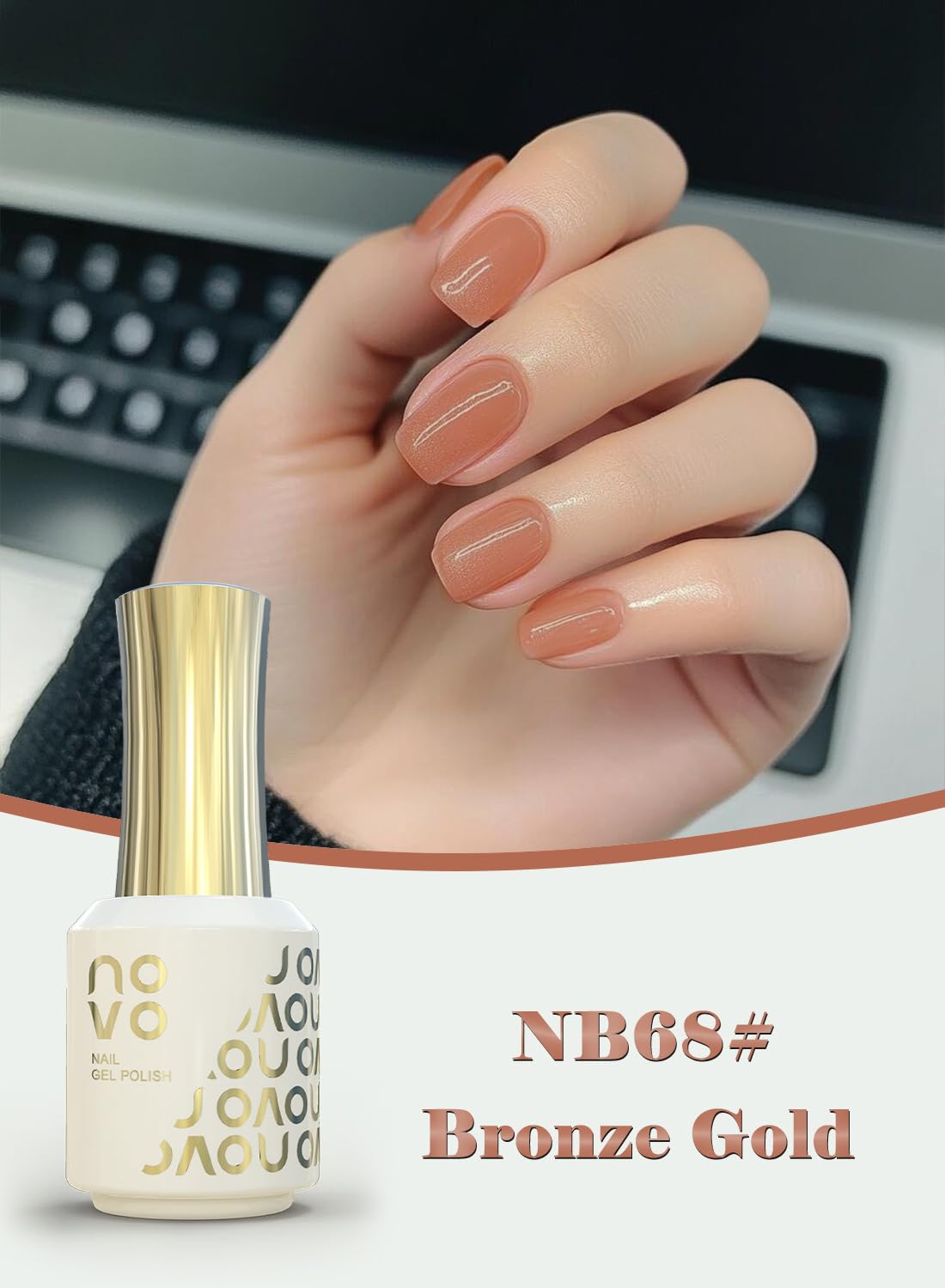 novo Rubber Base Gel, Shiny UV LED Gel Nail Polish for Women 12ml-NB68# Bronze Gold