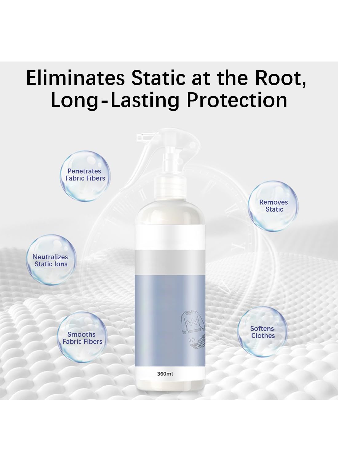 Anti-Static Spray, Odor Eliminator & Release Wrinkle for Clothes & Hair, 360ml