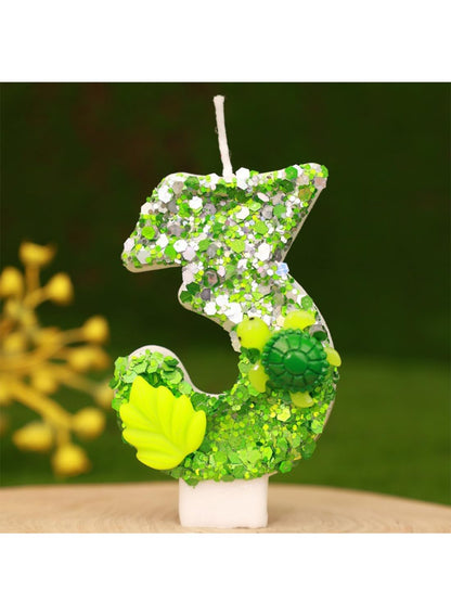 7cm Birthday Number Candles for Cake Decoration, Glittery Cake Toppers with Cute Designs, Perfect for Kids' Parties, Anniversaries, and Celebrations-Green Turtle(No.0)