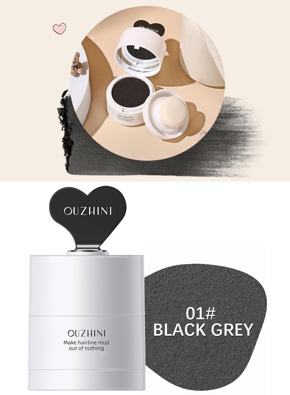 NOVO Instant Hair Shadow Stick with Puff, Root Touch-Up Powder for Thinning Grey Hairline, Hair Root Concealer for Women & Men, 4G, NO.01 Black Grey