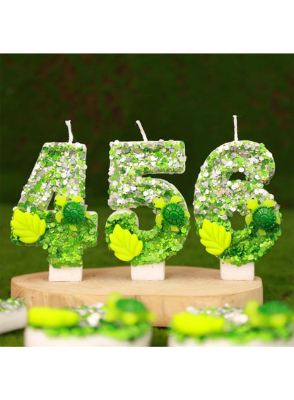 7cm Birthday Number Candles for Cake Decoration, Glittery Cake Toppers with Cute Designs, Perfect for Kids' Parties, Anniversaries, and Celebrations-Green Turtle(No.0)