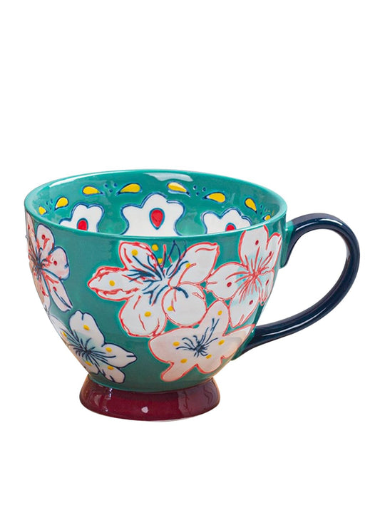 NOVO Hand-Painted Coloful Ceramic Mug Cup,Boho Style, Microwave Dishwasher Oven Safe, for Coffee, Breakfast & Ice Cream 550ml-Dark Blue