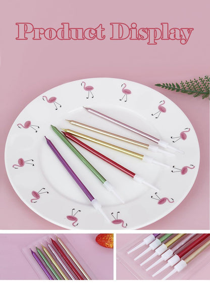 Colorful Long Thin Metallic Birthday Candles Kit£¬Glittery Cake Toppers with Cute Designs, Perfect for Kids' Parties, Anniversaries, and Celebrations-6Pcs Set Colorful