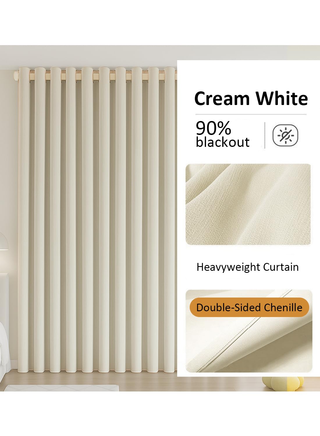NOVO Double-Sided Chenille Blackout Curtain ¨C Grommet Top, 90% Light Blocking, Single Panel, W250 x H270CM, Fits Windows 125¨C165CM Wide (Cream White)