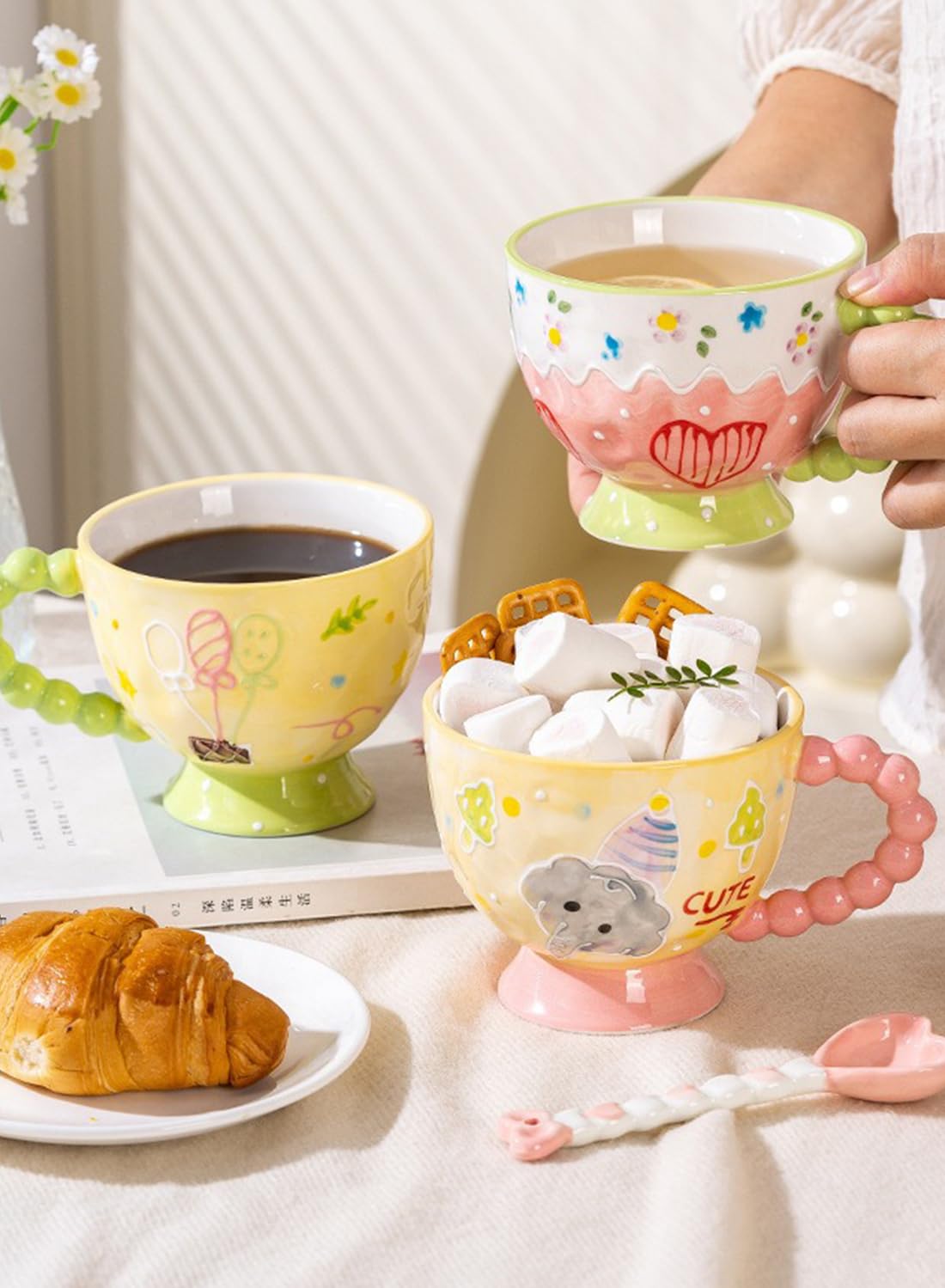NOVO Hand-Painted Coloful Ceramic Mug Cup,Boho Style, Microwave Dishwasher Oven Safe, for Coffee, Breakfast & Ice Cream 550ml-Dark Blue