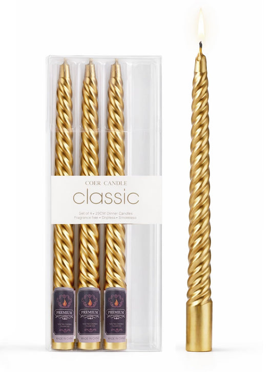 4Pcs Spiral Taper Candle, 25cm Non-Toxic Thread Style Candles, Dripless Scented for Party, Home Decoration (Gold)