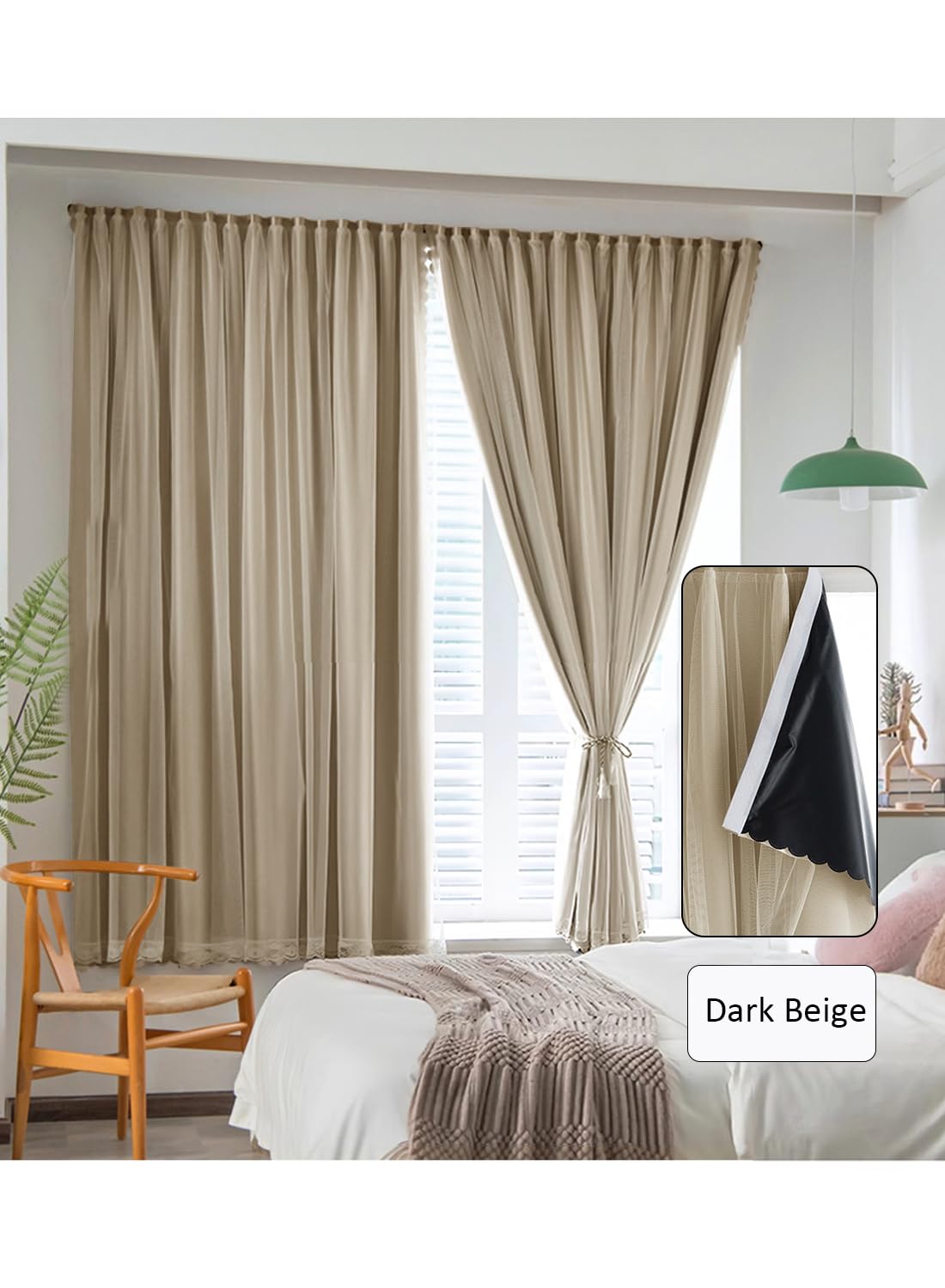 NOVO Velcro Curtains, Pongee No Drill Curtain, 100% Blackout, 1 Panel, W150 x H200CM, Fits Windows 75-100CM Wide, Beige