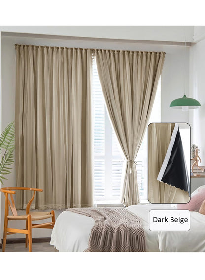 NOVO Velcro Curtains, Pongee No Drill Curtain, 100% Blackout, 1 Panel, W150 x H200CM, Fits Windows 75-100CM Wide, Beige