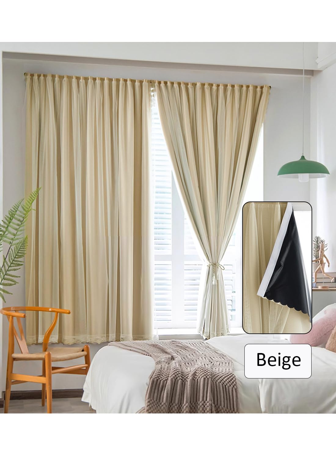 NOVO Velcro Curtains, Pongee No Drill Curtain, 100% Blackout, 1 Panel, W150 x H200CM, Fits Windows 75-100CM Wide, Beige