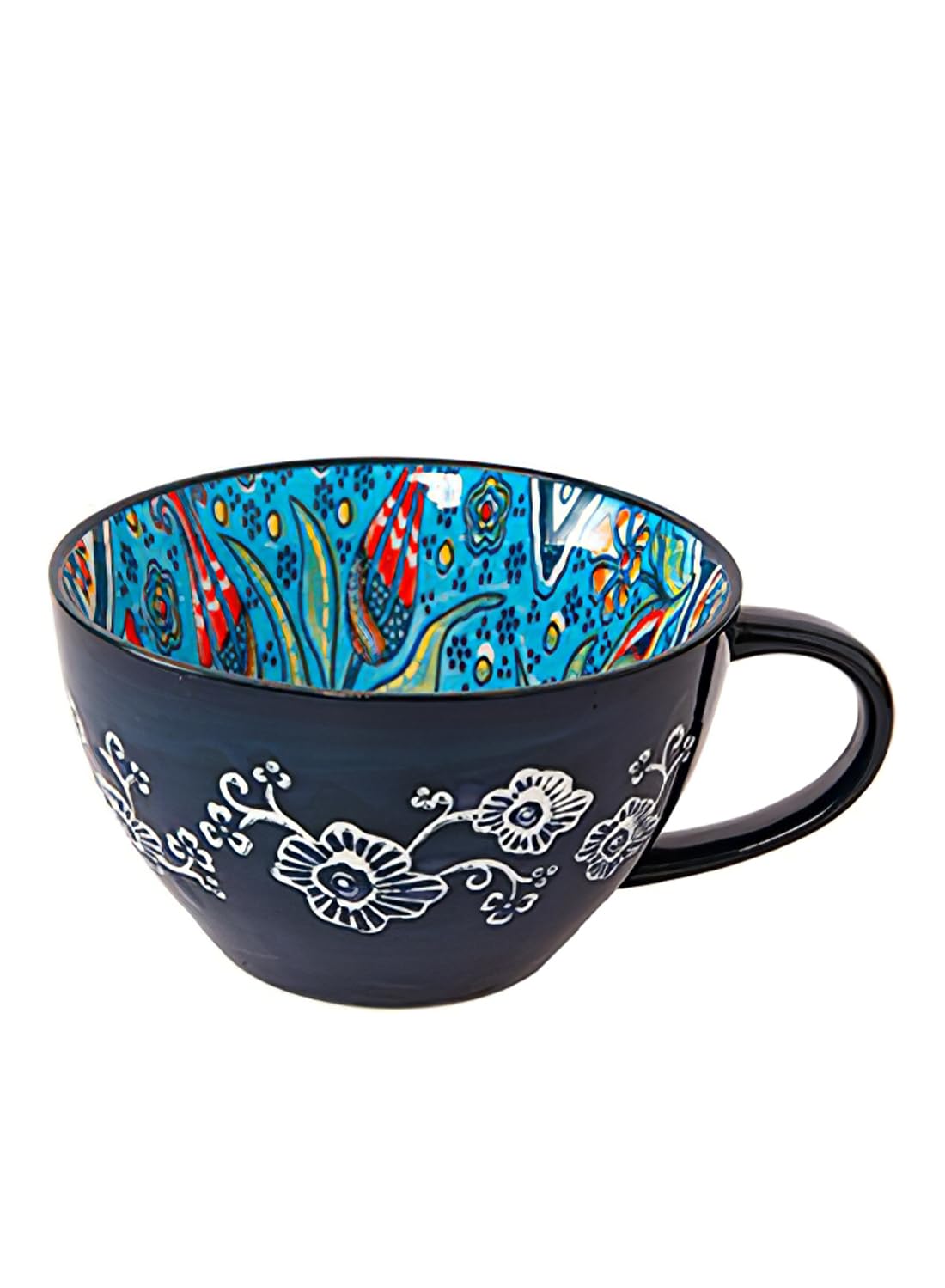NOVO Hand-Painted Coloful Ceramic Mug Cup,Boho Style, Microwave Dishwasher Oven Safe, for Coffee, Breakfast & Ice Cream 550ml-Dark Blue