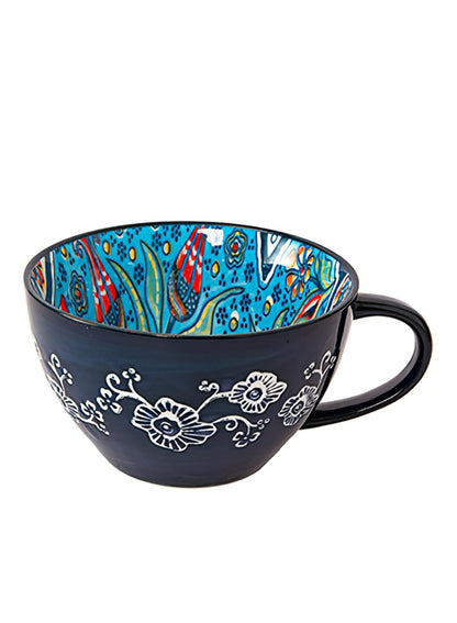 NOVO Hand-Painted Coloful Ceramic Mug Cup,Boho Style, Microwave Dishwasher Oven Safe, for Coffee, Breakfast & Ice Cream 550ml-Dark Blue