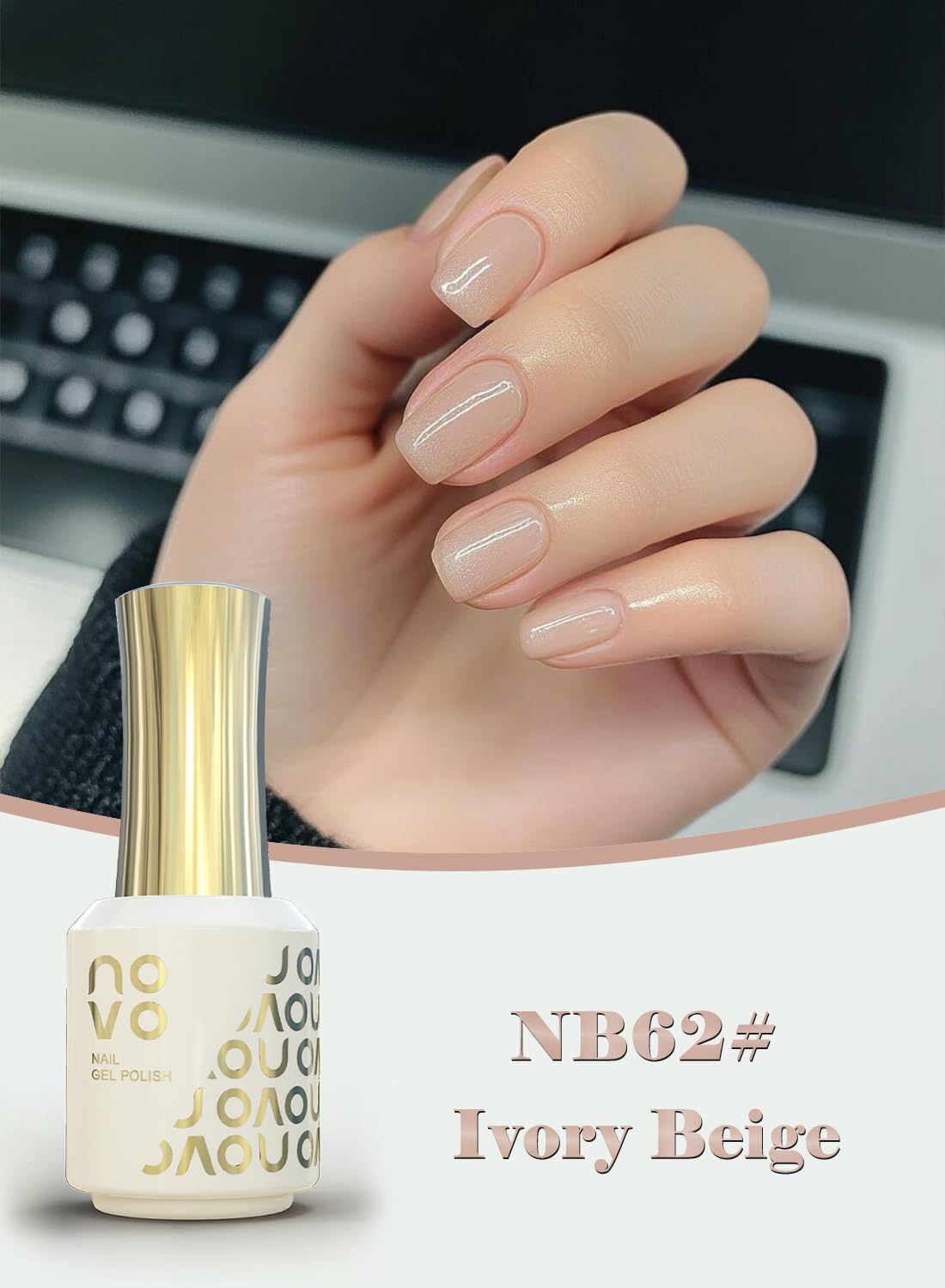 novo Rubber Base Gel, Shiny UV LED Gel Nail Polish for Women 12ml-NB62# Ivory Beige