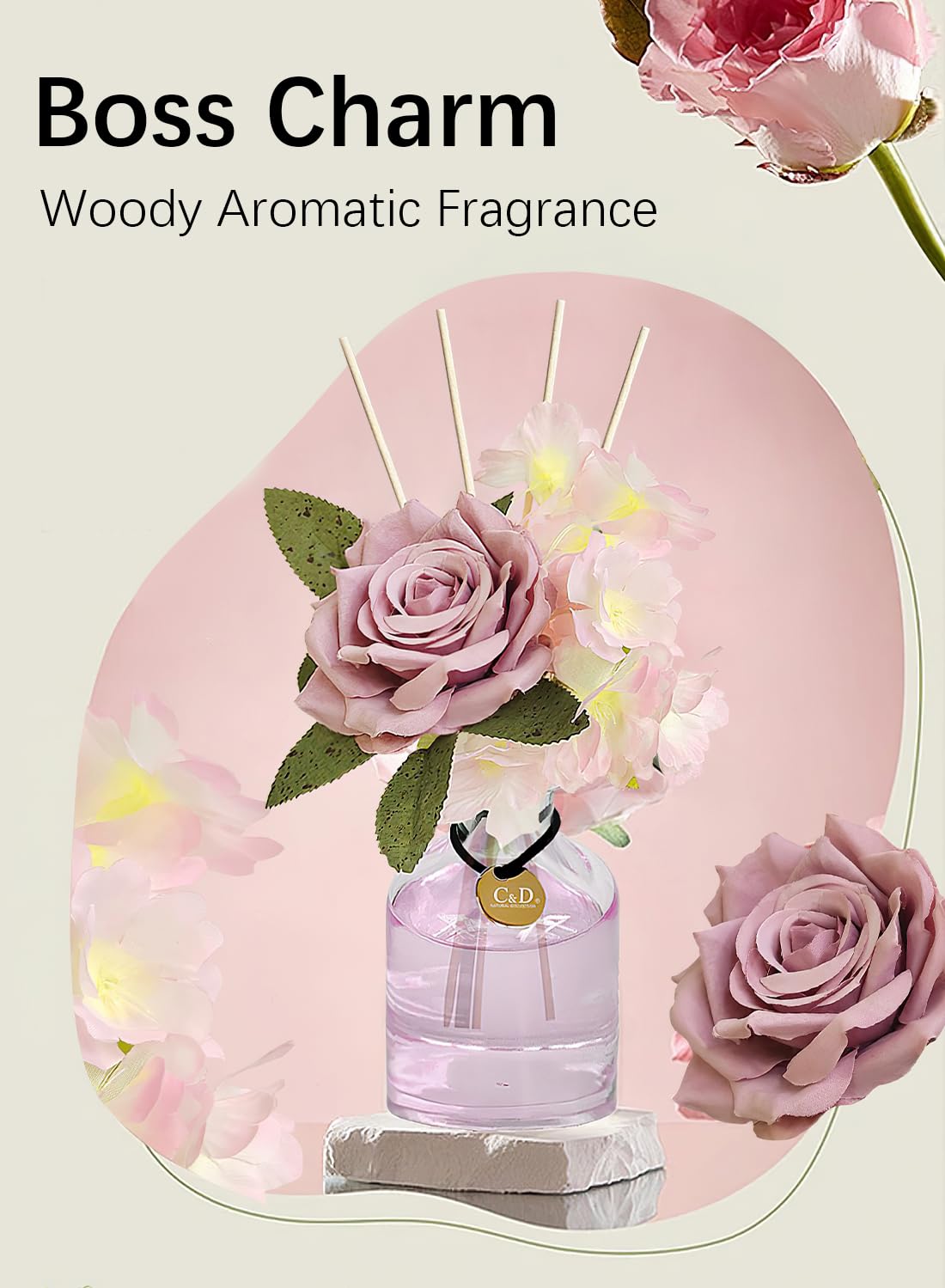 NOVO Flower Reed Diffuser with Essential Oils, Premium Long-Lasting Fragrance Scented Gift Set for Home, Bedroom, Bathroom & Office Decor, 100ml -Rosemary & Sandalwood