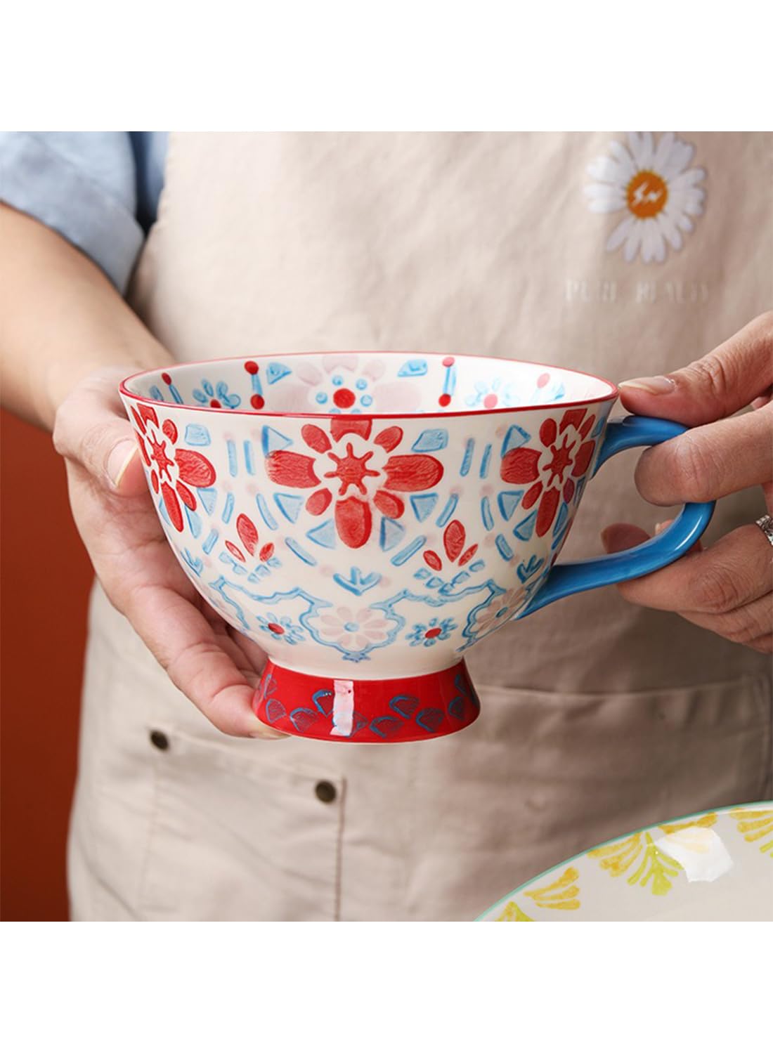NOVO Hand-Painted Coloful Ceramic Mug Cup,Boho Style, Microwave Dishwasher Oven Safe, for Coffee, Breakfast & Ice Cream 550ml-Dark Blue