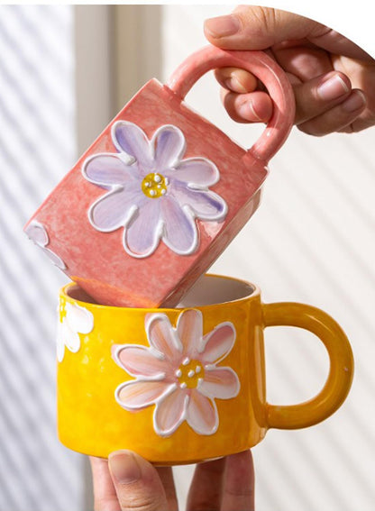 NOVO Hand-Painted Coloful Ceramic Mug Cup,Boho Style, Microwave Dishwasher Oven Safe, for Coffee, Breakfast & Ice Cream 550ml-Dark Blue