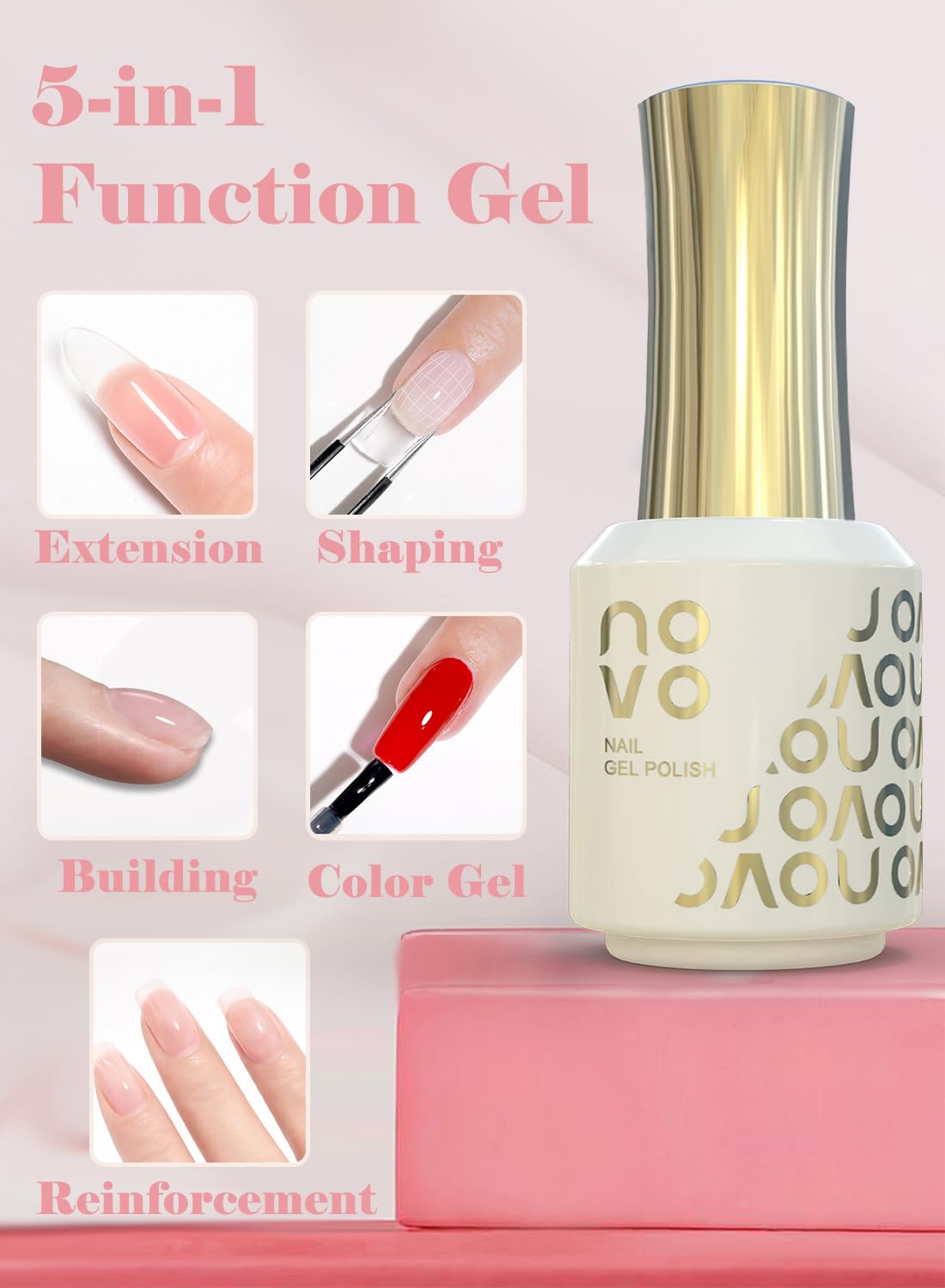 novo 5-in-1 Gel Polish, UV LED Multifunctional Builder Nail Gel 15ml-ND12# Pink