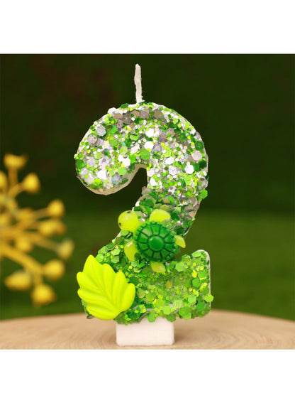 7cm Birthday Number Candles for Cake Decoration, Glittery Cake Toppers with Cute Designs, Perfect for Kids' Parties, Anniversaries, and Celebrations-Green Turtle(No.0)
