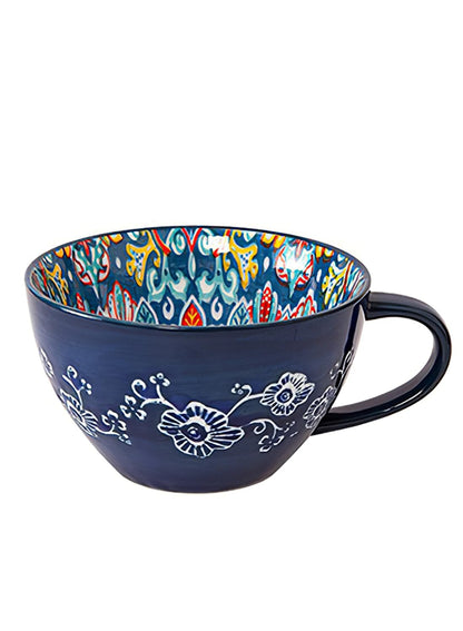NOVO Hand-Painted Coloful Ceramic Mug Cup,Boho Style, Microwave Dishwasher Oven Safe, for Coffee, Breakfast & Ice Cream 550ml-Dark Blue