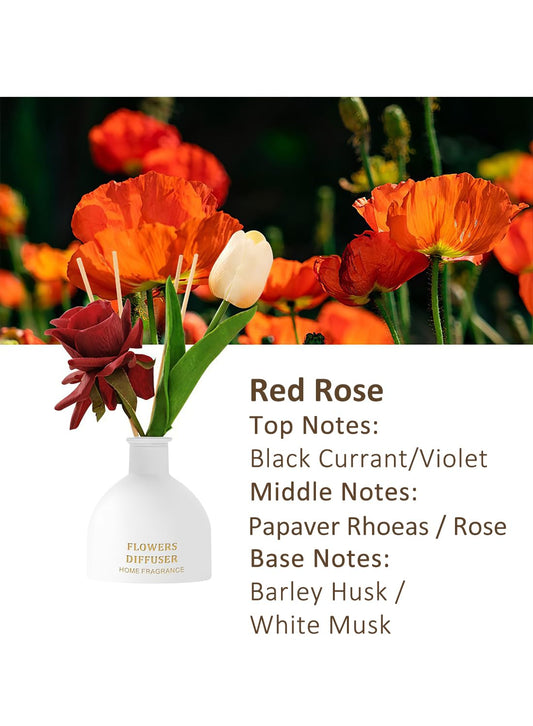 NOVO Artificial Flowers Scented Oil Diffuser Set with High imitation flower &4 Reed Sticks for Bathroom & Bedroom Home Decor&Office D¨¦cor, 150ml-Red Rose