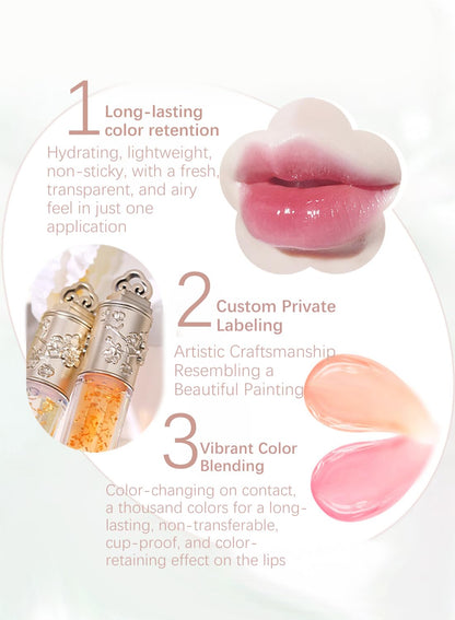 NOVO Lip Oil with Gold Foil, Color Changing Long Lasting Non Sticky Cup Lip Moisturizer to Fade Lip Lines and Plump Lip 6ml