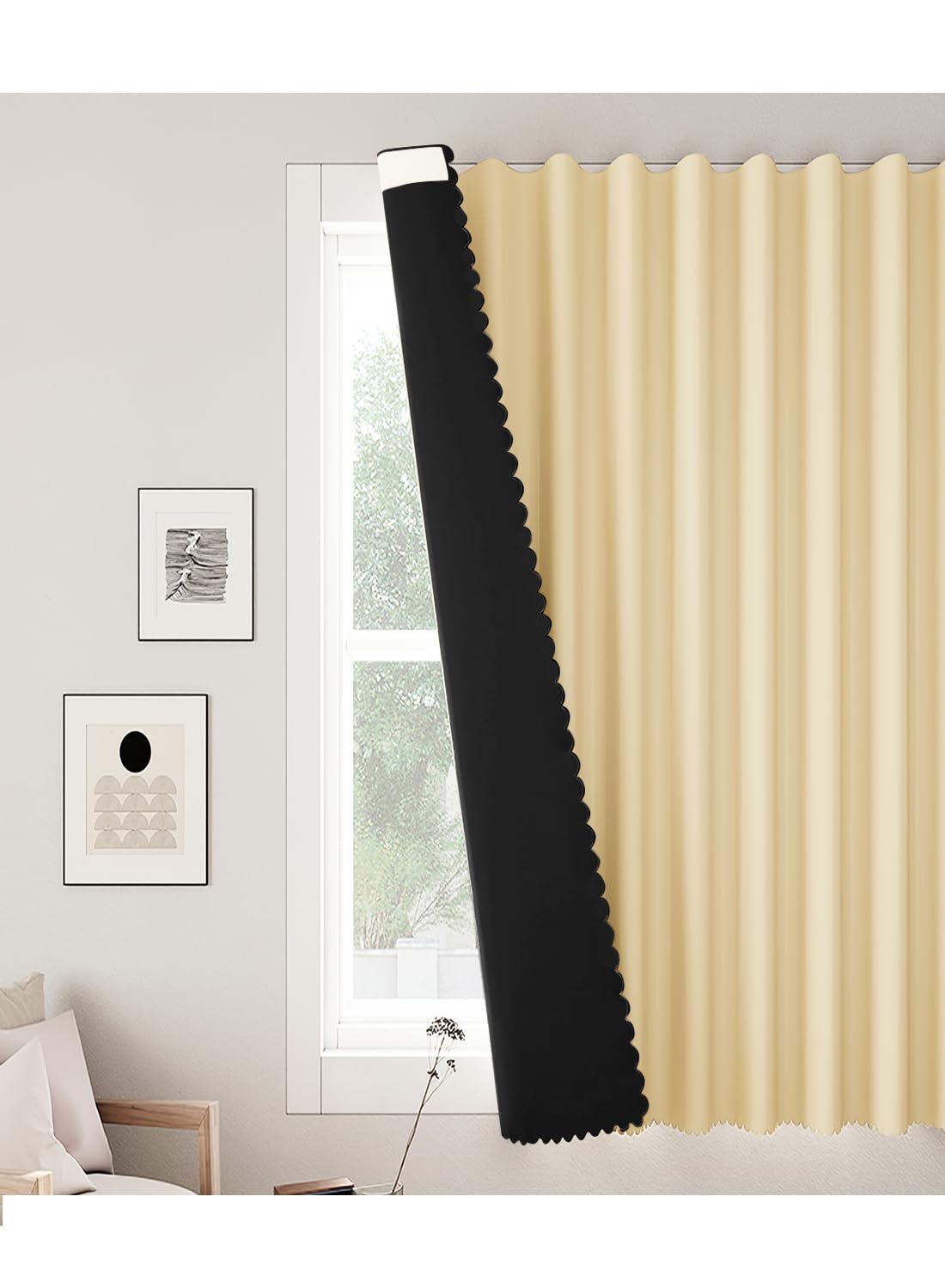 NOVO Velcro Curtains, Pongee No Drill Curtain, 100% Blackout, 1 Panel, W150 x H200CM, Fits Windows 75-100CM Wide, Beige