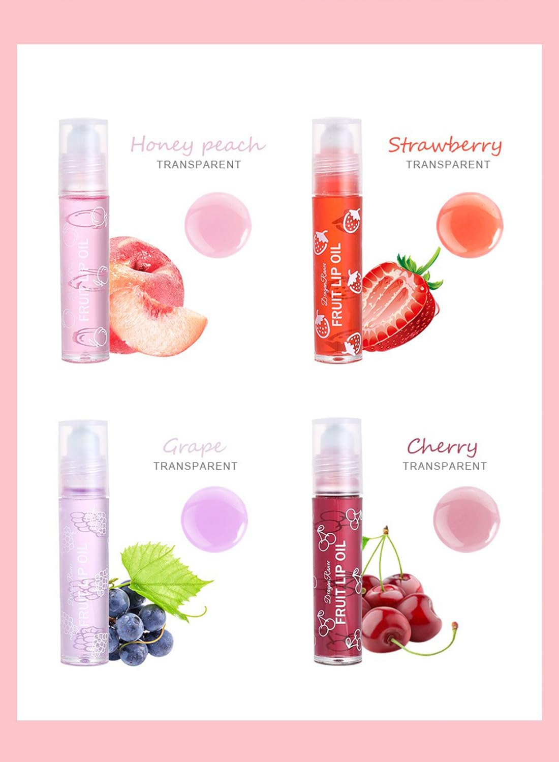 NOVO Glossy Lip Oil Set, 4Pcs Fruit Roll-on Lip Glaze Set, Moisturizing Clear Gloss for Lip Care
