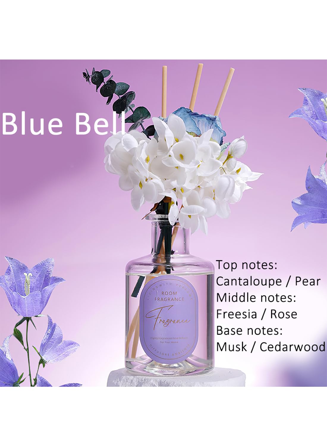 NOVO Scented Reed Diffuser, Artificial Flower Home Fragrance Oil with 4 Sticks for Bedroom,Home D¨¦cor,Office & Bathroom 200ml-Blue Bell
