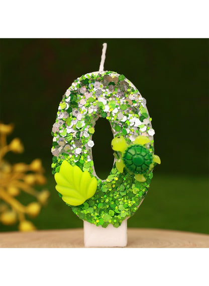 7cm Birthday Number Candles for Cake Decoration, Glittery Cake Toppers with Cute Designs, Perfect for Kids' Parties, Anniversaries, and Celebrations-Green Turtle(No.0)