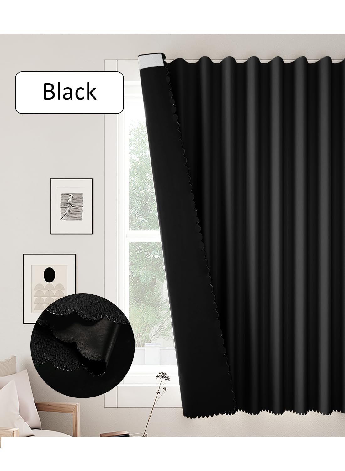 NOVO Velcro Curtains, Pongee No Drill Curtain, 100% Blackout, 1 Panel, W150 x H200CM, Fits Windows 75-100CM Wide, Beige
